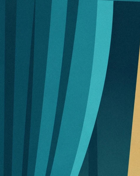 A curtain with long folds in deep teal and turquoise, edged with an ochre band