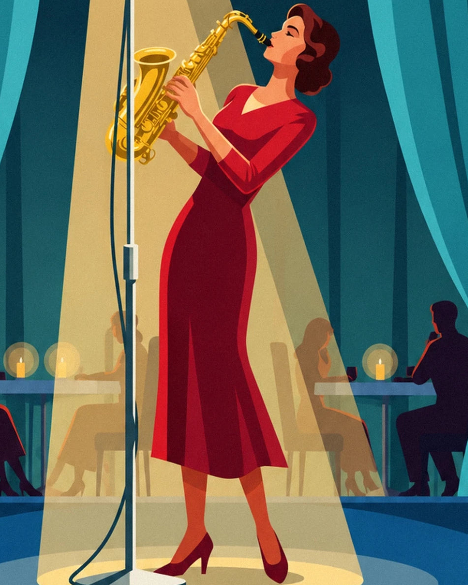 The saxophonist in a red dress in front of her microphone, beneath the jazz club spotlights