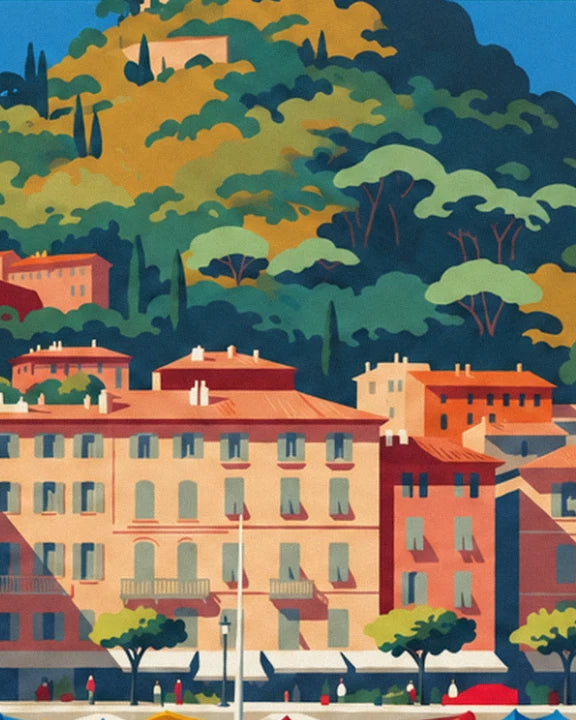 Les façades ocre et rouges au pied de la colline couverte de pins et de cyprès