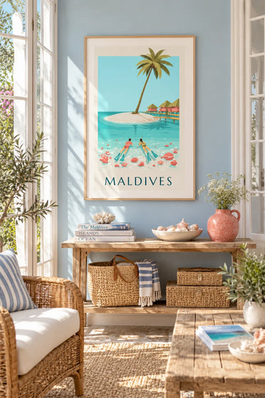 Poster of overwater bungalows at night in a Maldives lagoon: framed on the wall