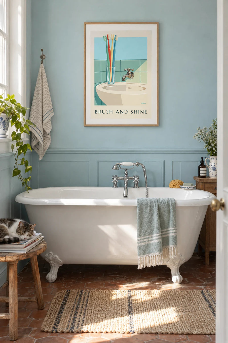 Poster of toothbrushes in their cup next to the sink: framed on the wall