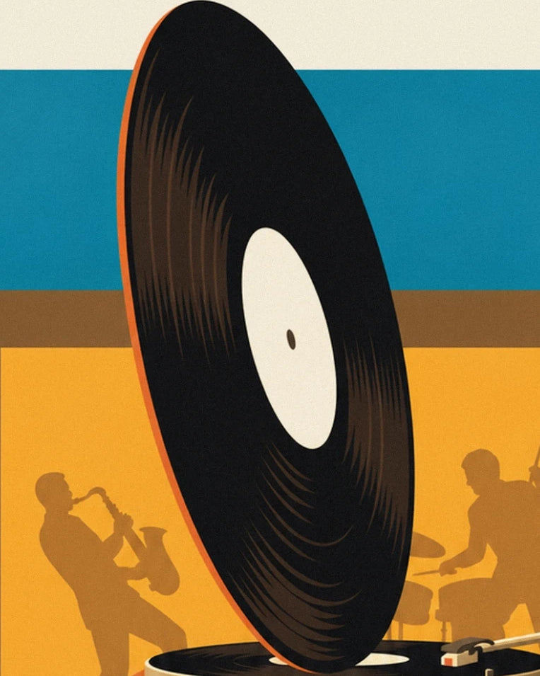 The black vinyl record with a cream label, in front of silhouettes of musicians