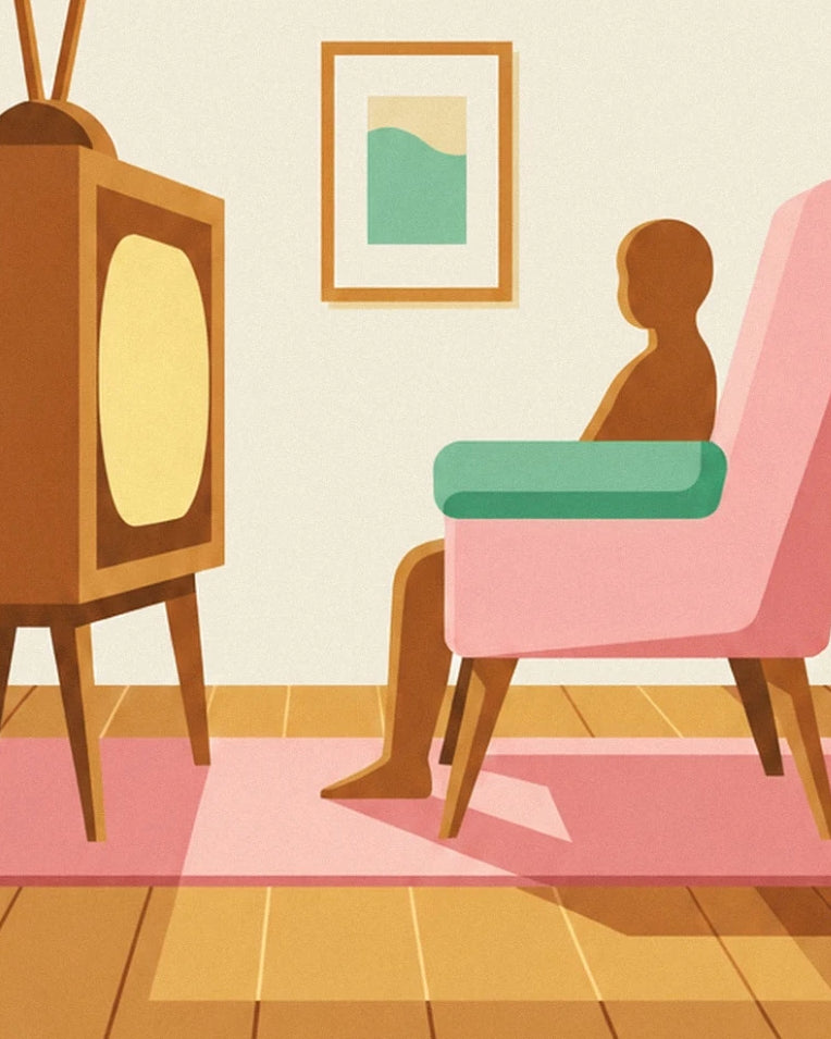 Wooden tube TV in a pastel living room poster: close-up detail