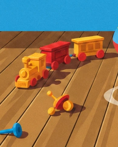 Le petit train jaune et rouge et les jouets éparpillés sur le parquet