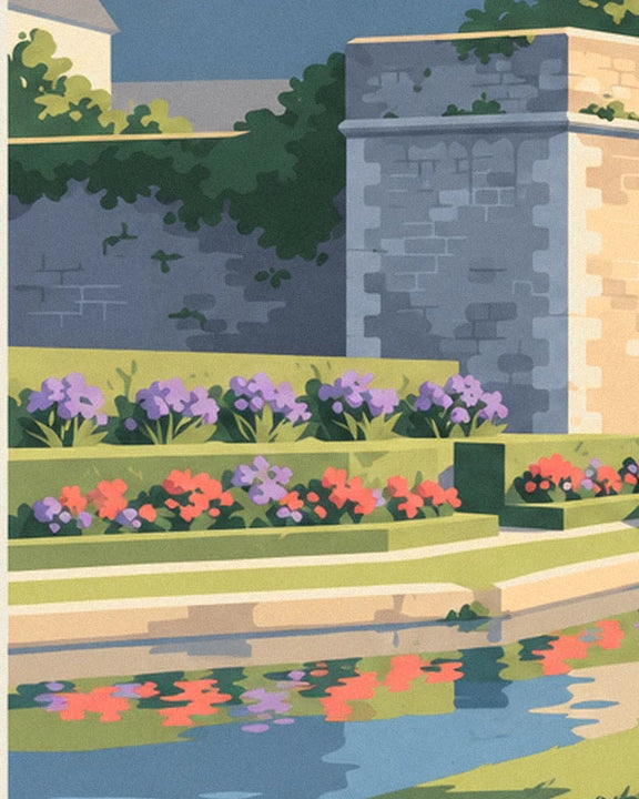 Les massifs de fleurs violettes et rouges au pied des remparts, reflétés dans l'eau du bassin