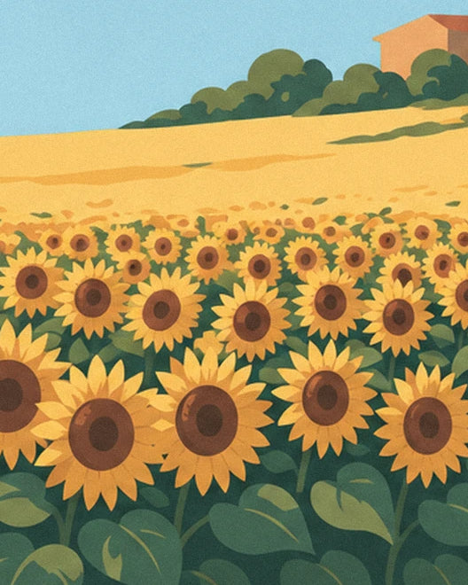 The tall sunflowers with brown centres, in front of the golden wheat field and bushes
