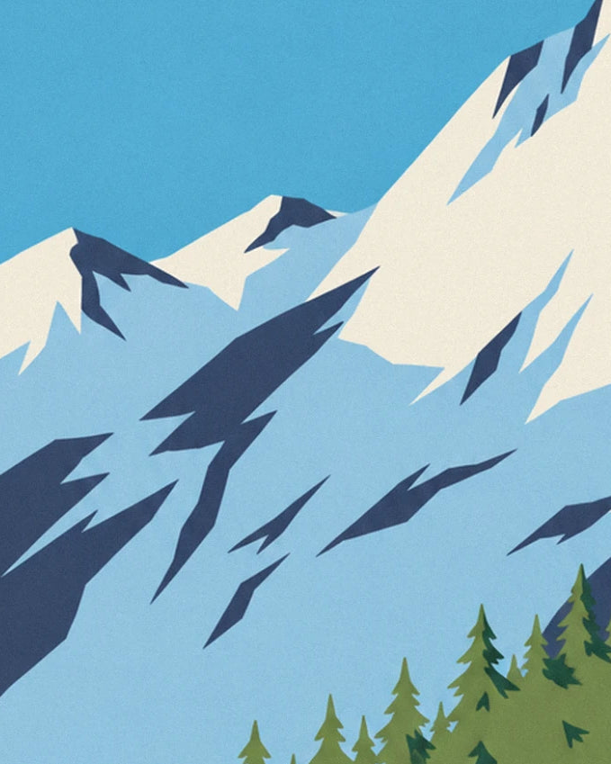 The snowy peaks of Mont-Blanc beneath a blue sky, with green fir trees below