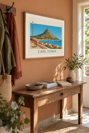 Poster of Table Mountain seen from Cape Town’s bay: framed on the wall