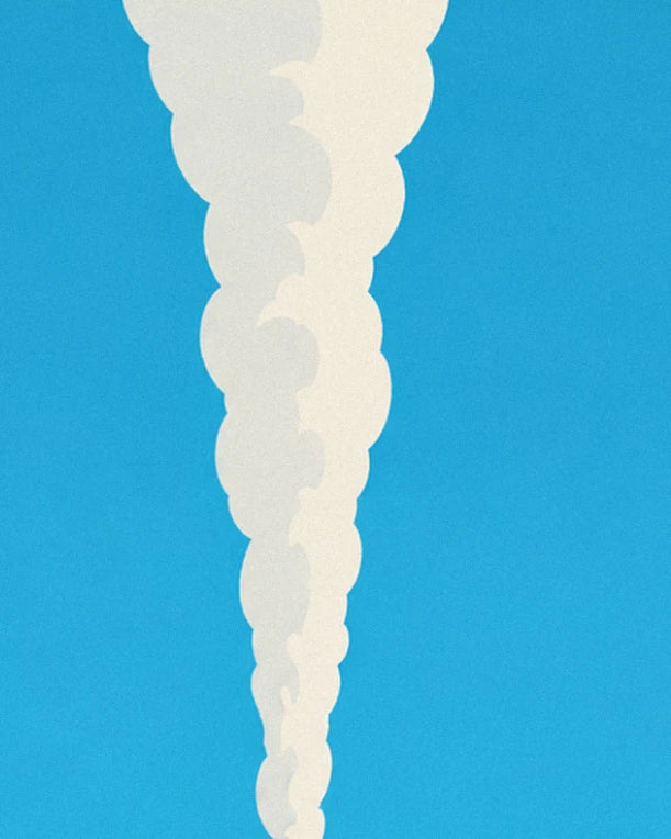The plume of white smoke rising into a bright blue sky