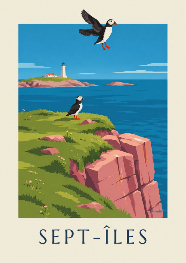 Affiche macareux sur les falaises des Sept-Îles