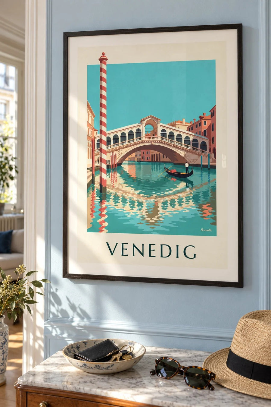 Plakat med Rialtobroen og gondol på Canal Grande i Venedig: indrammet på væggen