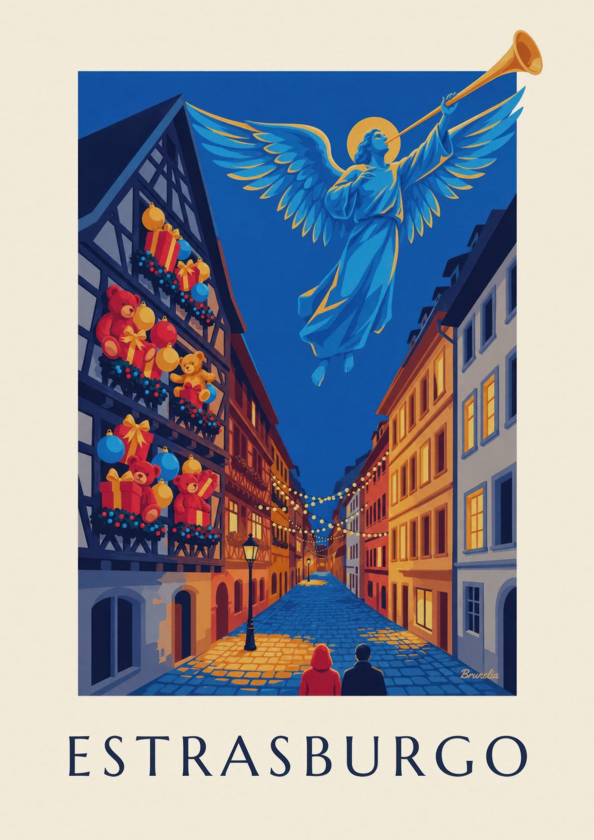 Plakat med Strasbourg ved juletid og lysende engel (titlen ESTRASBURGO)