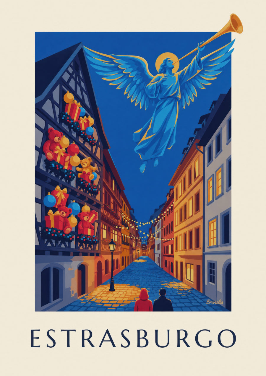 Plakat med Strasbourg ved juletid og lysende engel (titlen ESTRASBURGO)