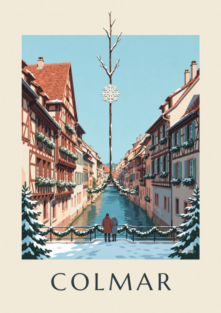 Plakat med Colmars Lille Venedig ved juletid