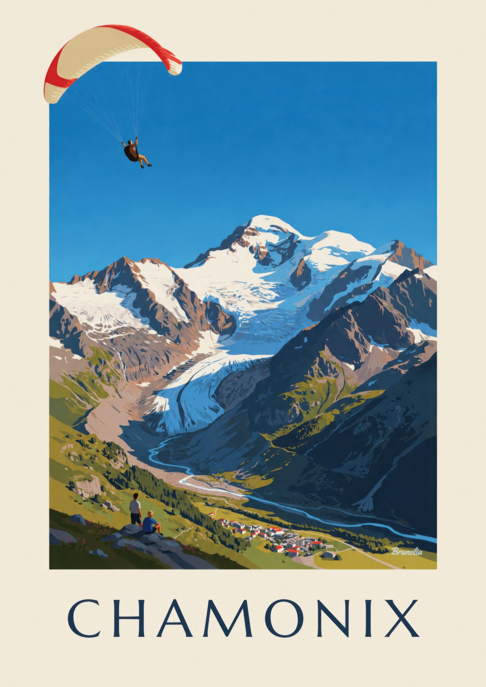 Plakat med paragliding i Chamonix og Mont Blanc: nærbillede af detalje