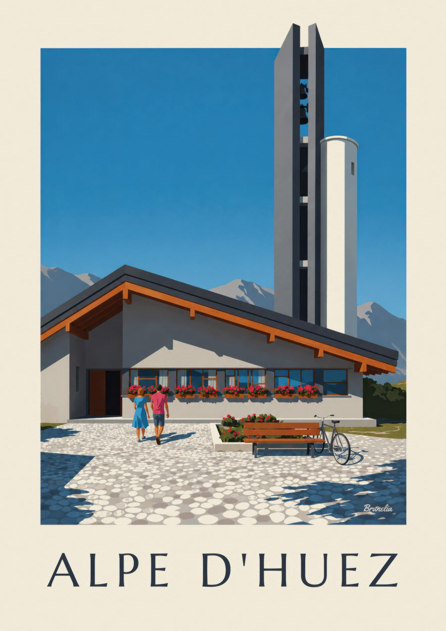 Plakat med kirken Notre-Dame-des-Neiges i Alpe d'Huez