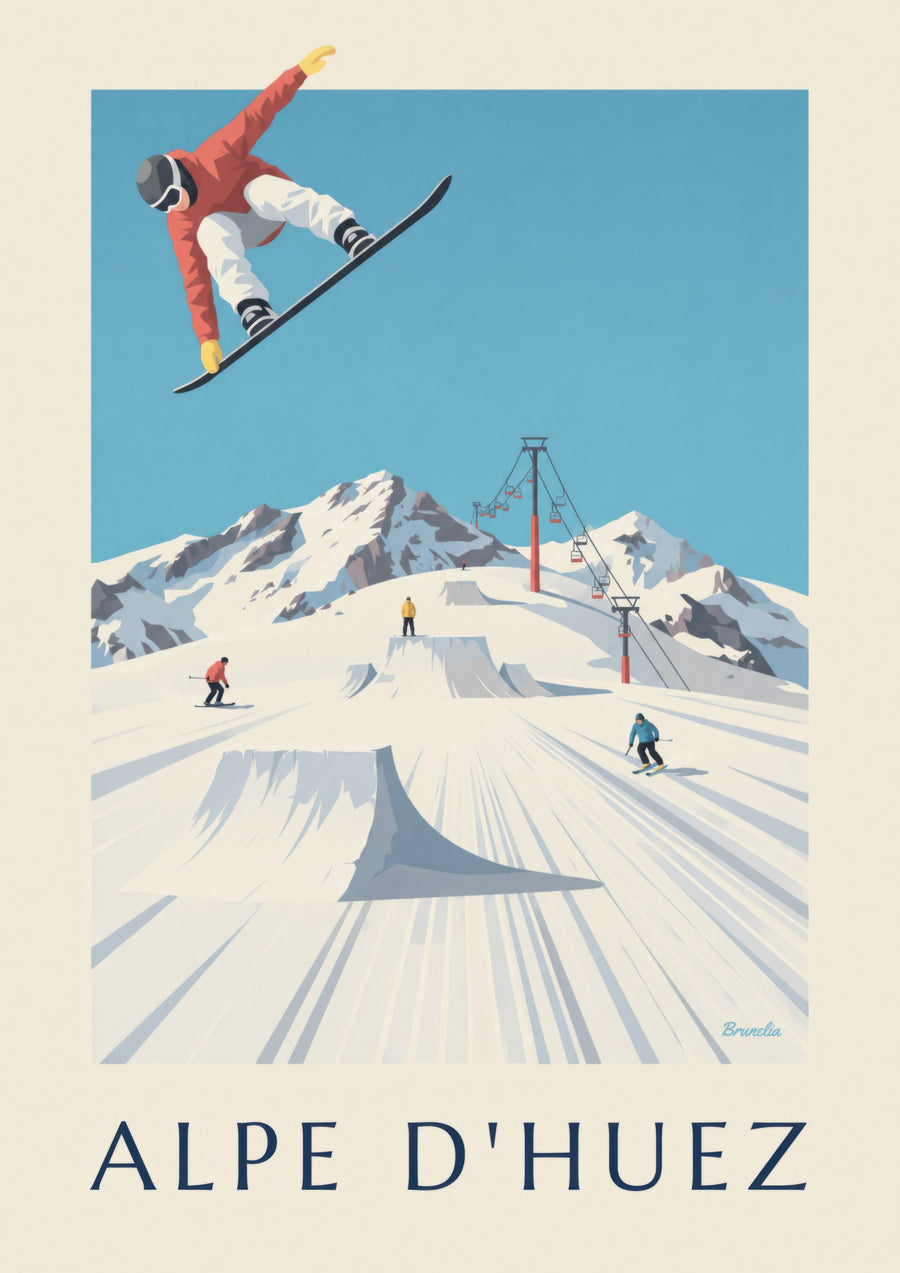 Plakat med Alpe d'Huez, skiløbere og snowboardere