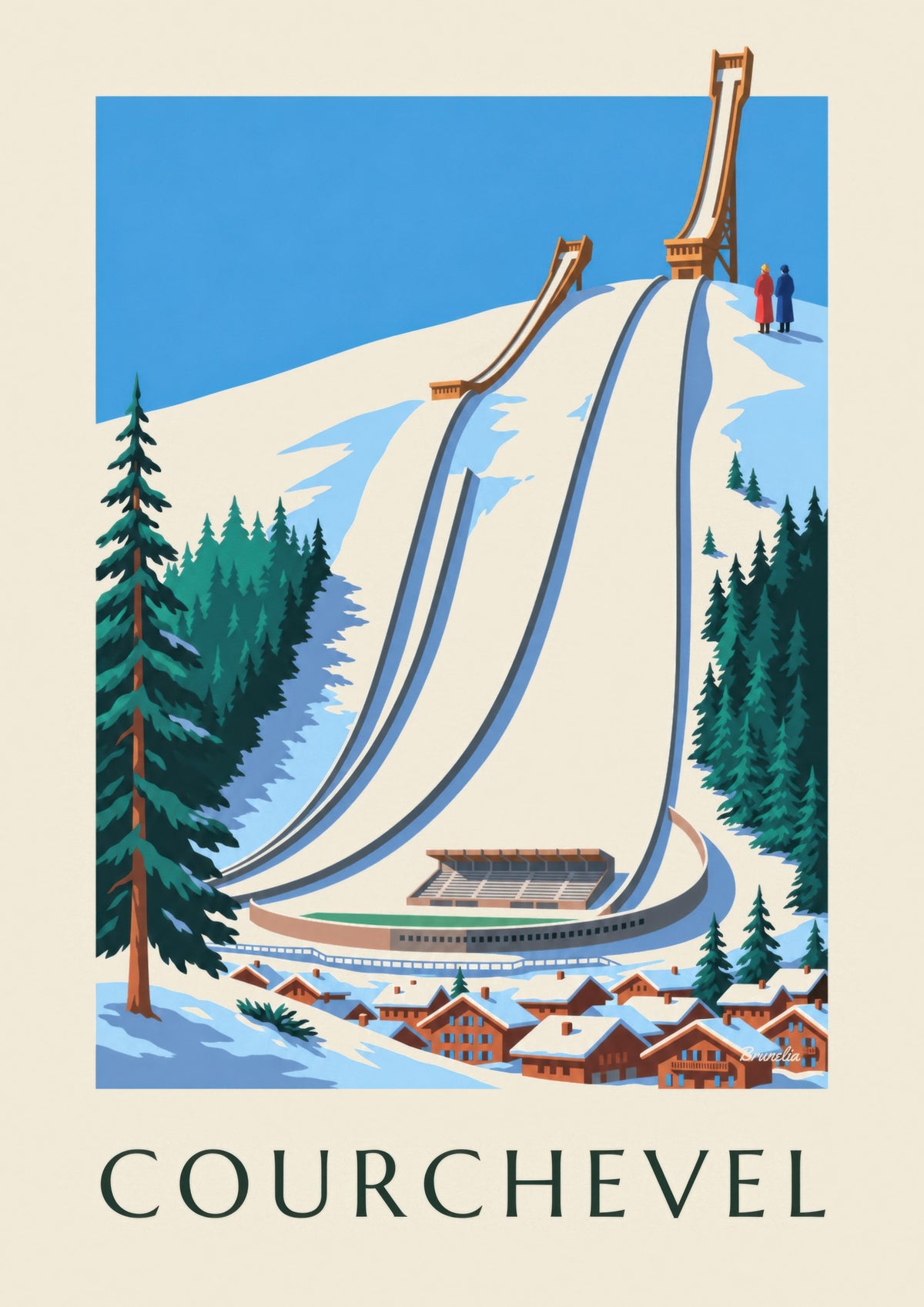 Plakat af Courchevel med skihoppene ved Le Praz i snevejr