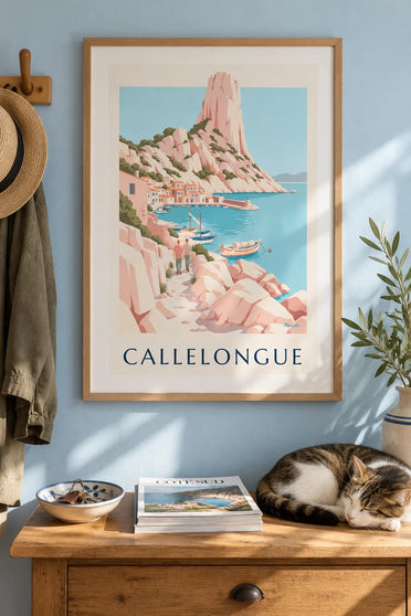 Plakat af Callelongue, lille havn i calanques : indrammet på væggen