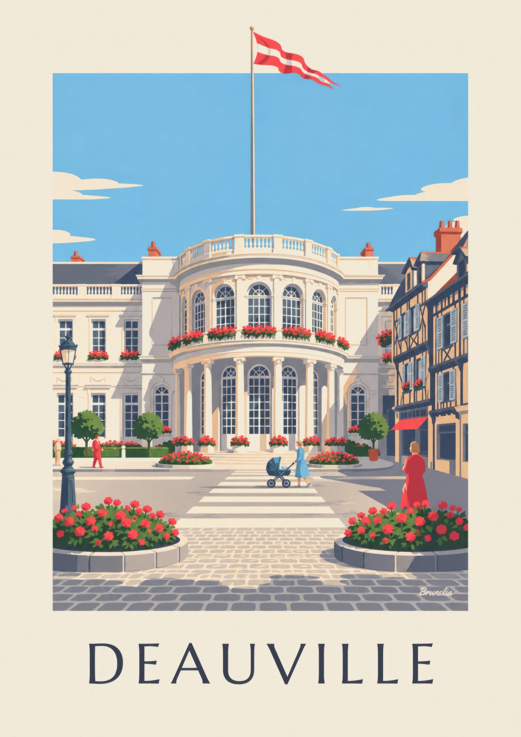 Plakat af Deauvilles hvide kasino og pelargonier: nærbillede af detalje