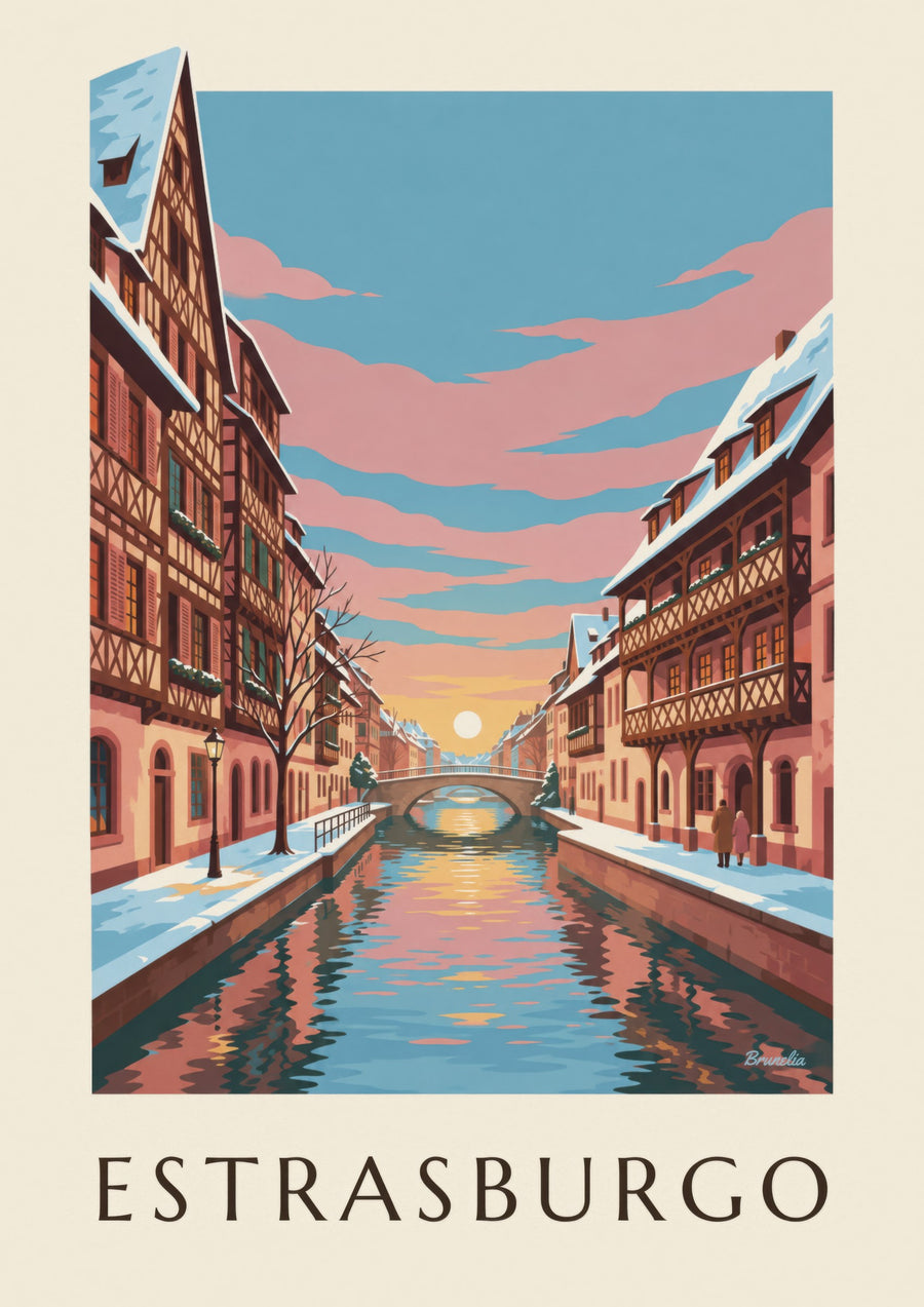 Plakat af Petite France i Strasbourg om vinteren (titlen ESTRASBURGO)