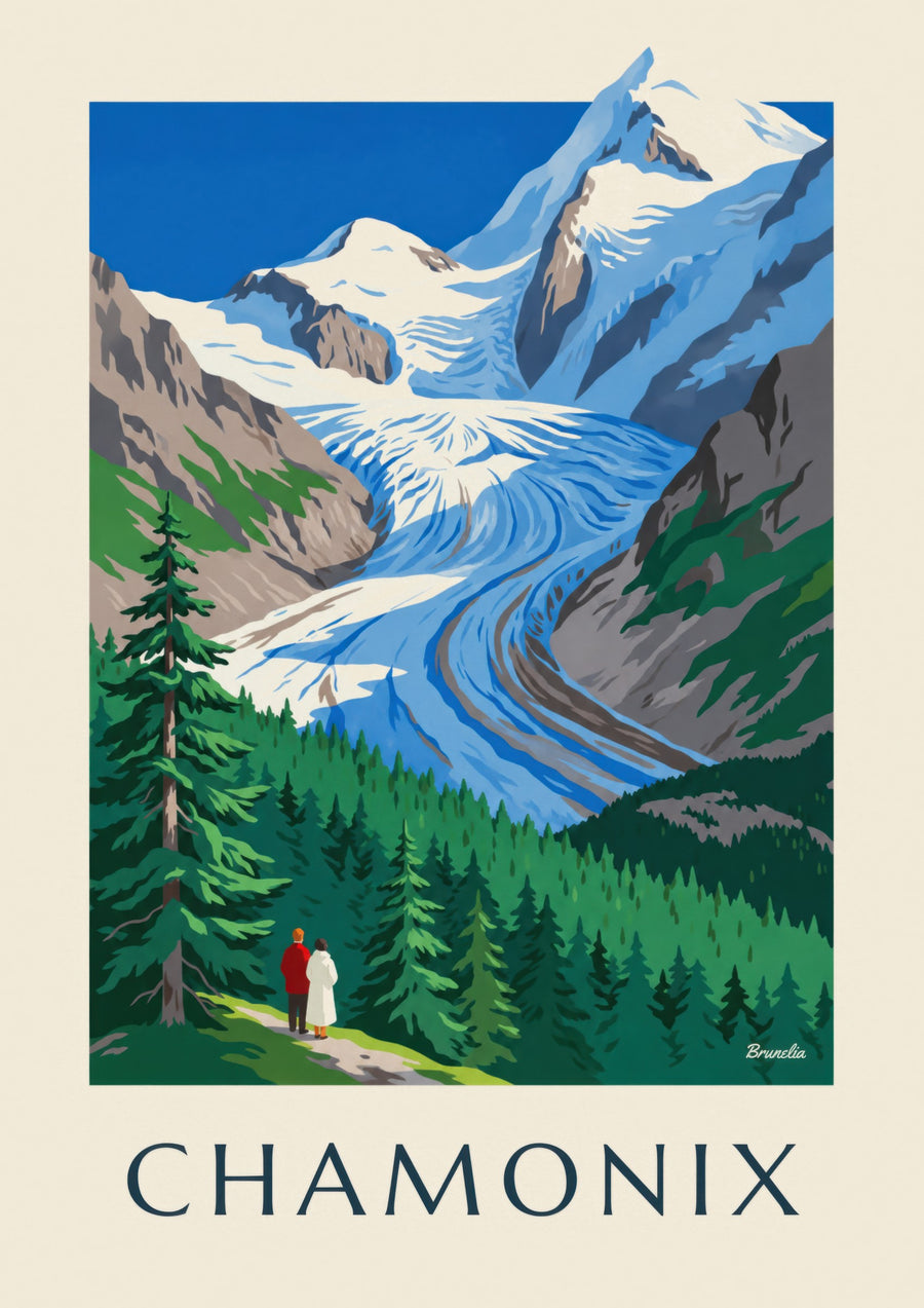 Plakat af Chamonix, Bossons-gletsjeren og Mont-Blanc