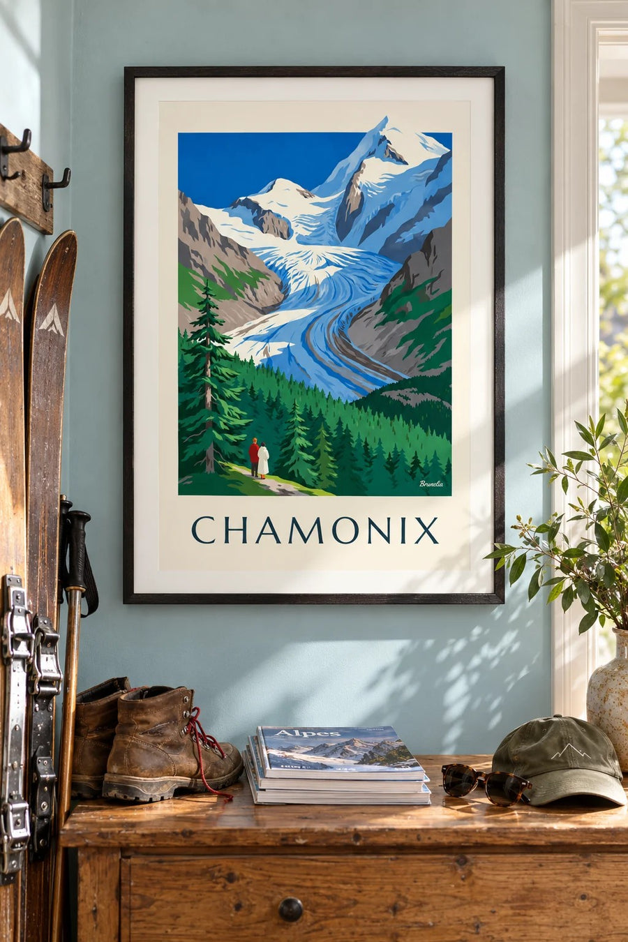 Plakat af Chamonix, Bossons-gletsjeren og Mont-Blanc : indrammet på væggen