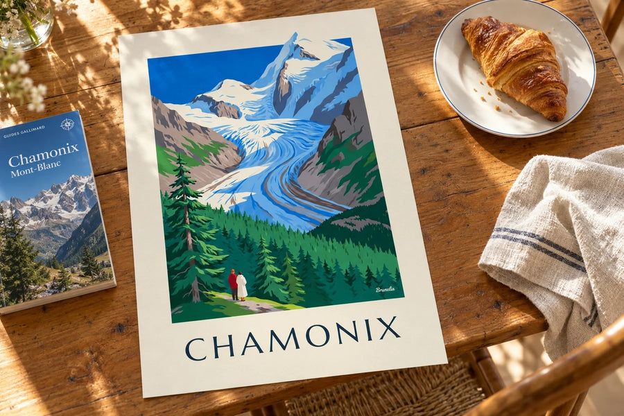 Plakat af Chamonix, Bossons-gletsjeren og Mont-Blanc : stillet på et bord