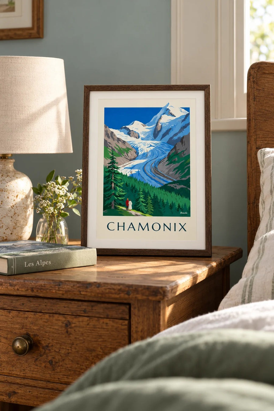 Plakat af Chamonix, Bossons-gletsjeren og Mont-Blanc : lille A4-format i ramme