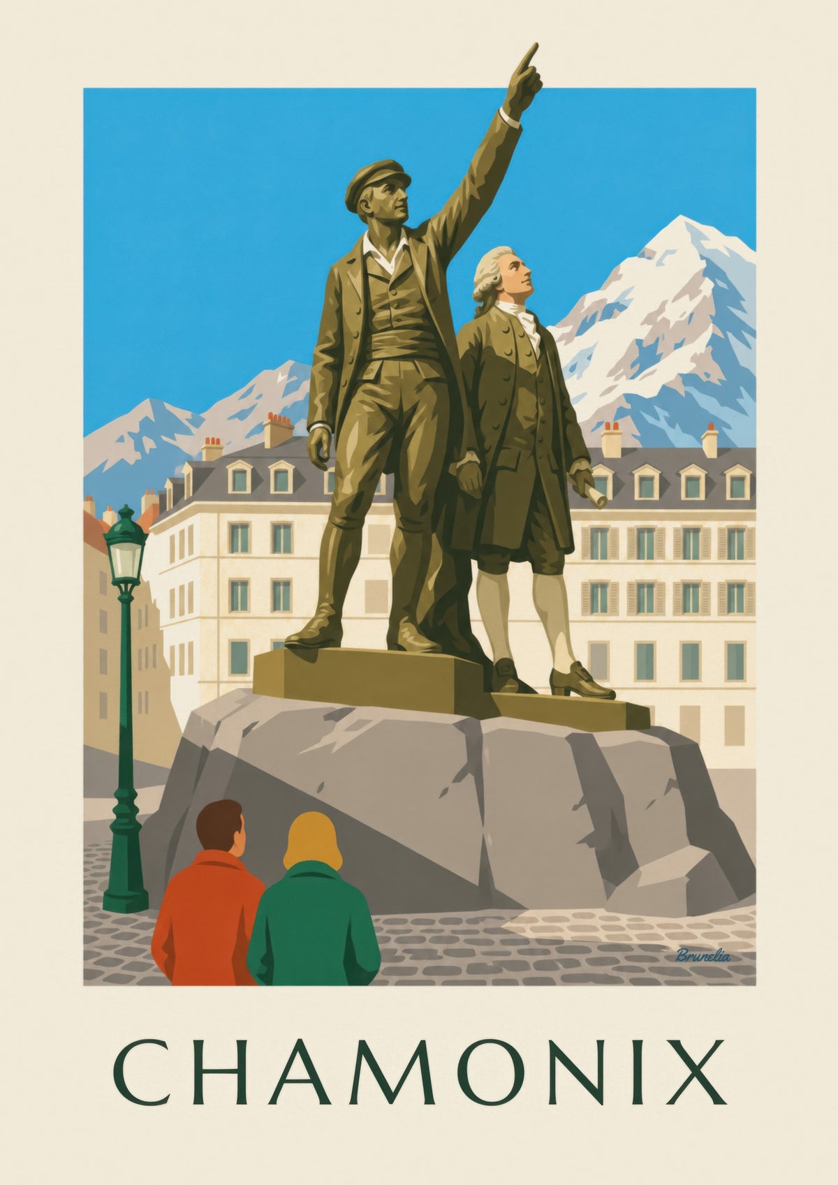 Plakat med statuen af Balmat og Saussure i Chamonix