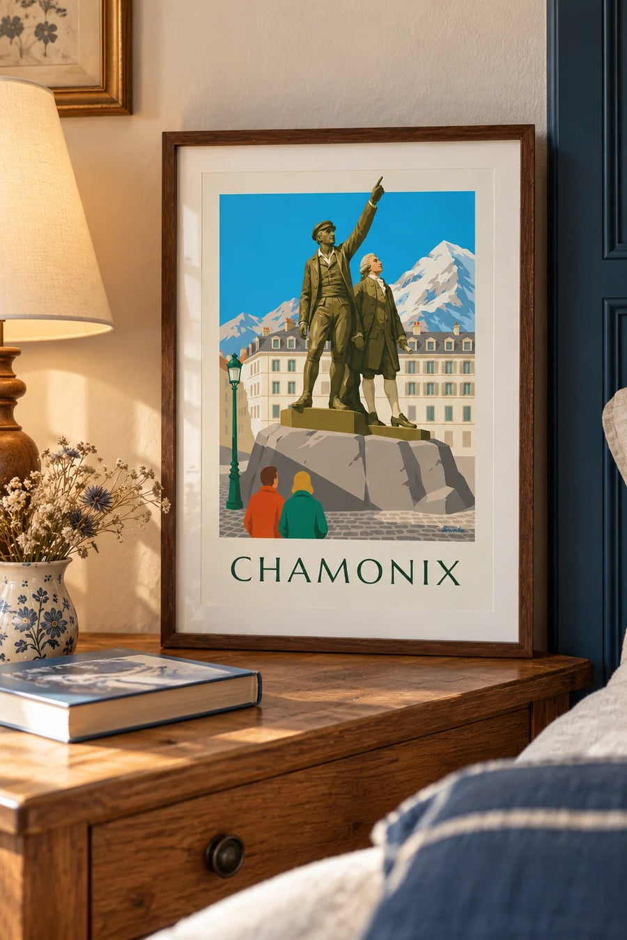Affiche statue de Balmat et Saussure à Chamonix : petit format A4 encadré