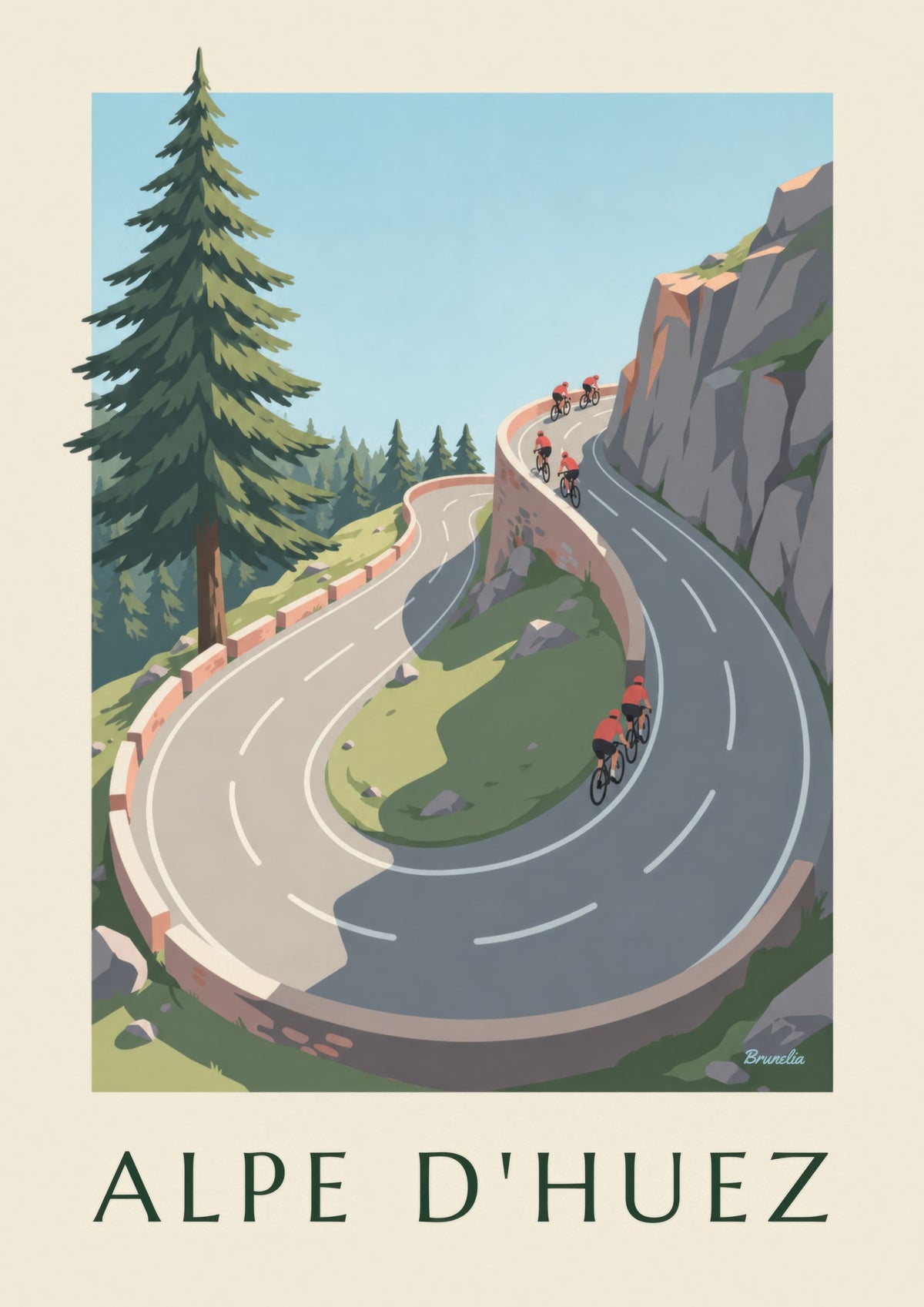 Plakat Alpe d'Huez med cykelryttere i bjergene