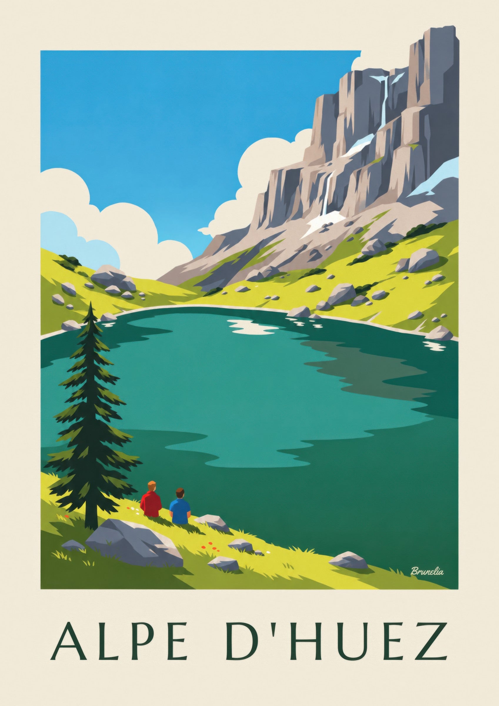 Plakat med Lac Besson ved Alpe d'Huez om sommeren: nærbillede af detalje