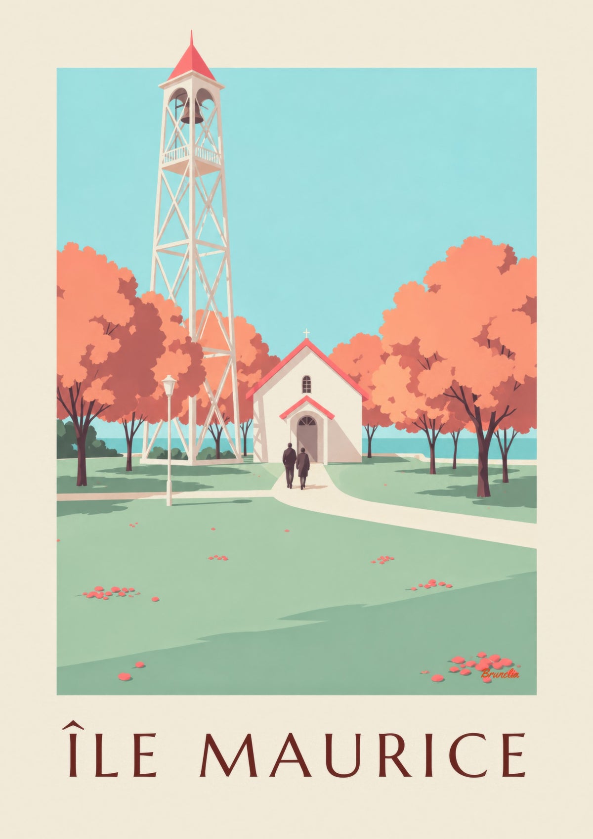 Plakat Mauritius, kirke med rødt tag (titlen ÎLE MAURICE)