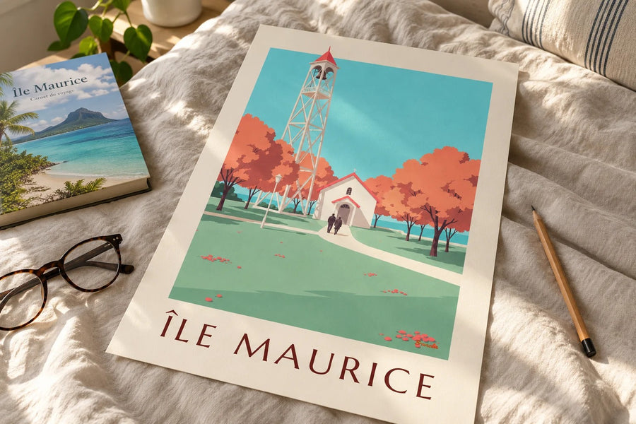 Affiche Île Maurice, église au toit rouge (titre ÎLE MAURICE) : posée sur une table