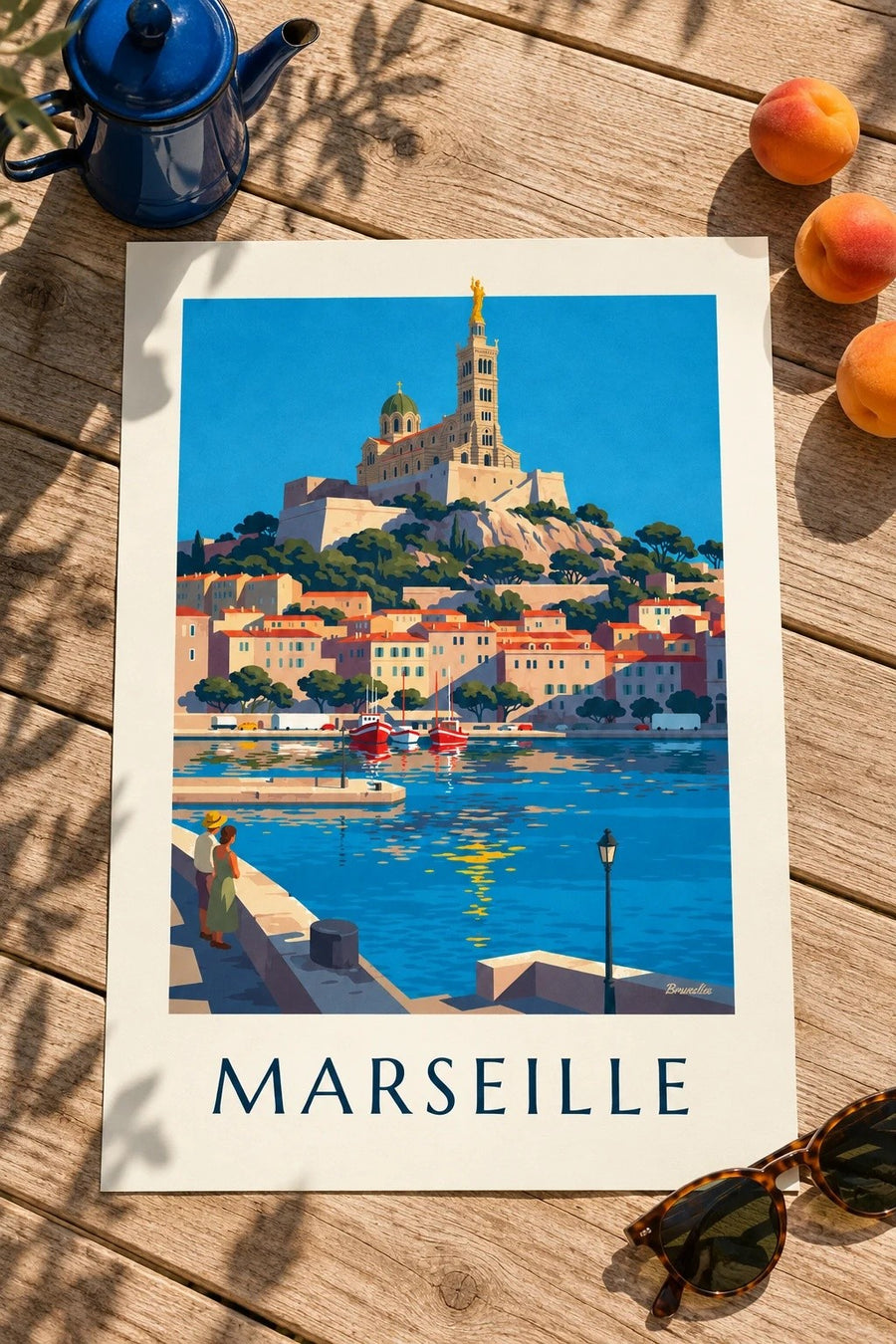 Plakat Notre-Dame-de-la-Garde i Marseille : stillet på et bord