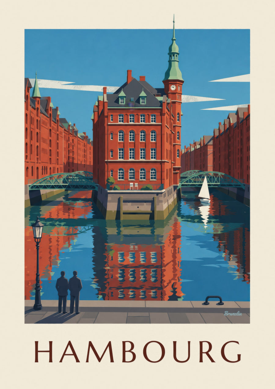 Plakat af Speicherstadt i Hamborg med Wasserschloss