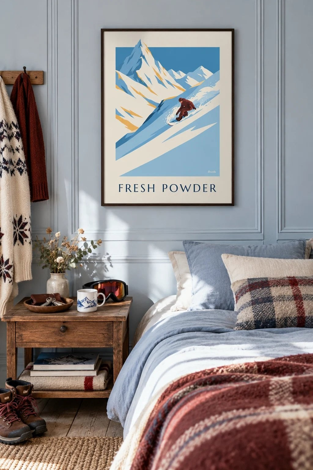 Affiche snowboard dans la poudreuse i et rigtigt hjem