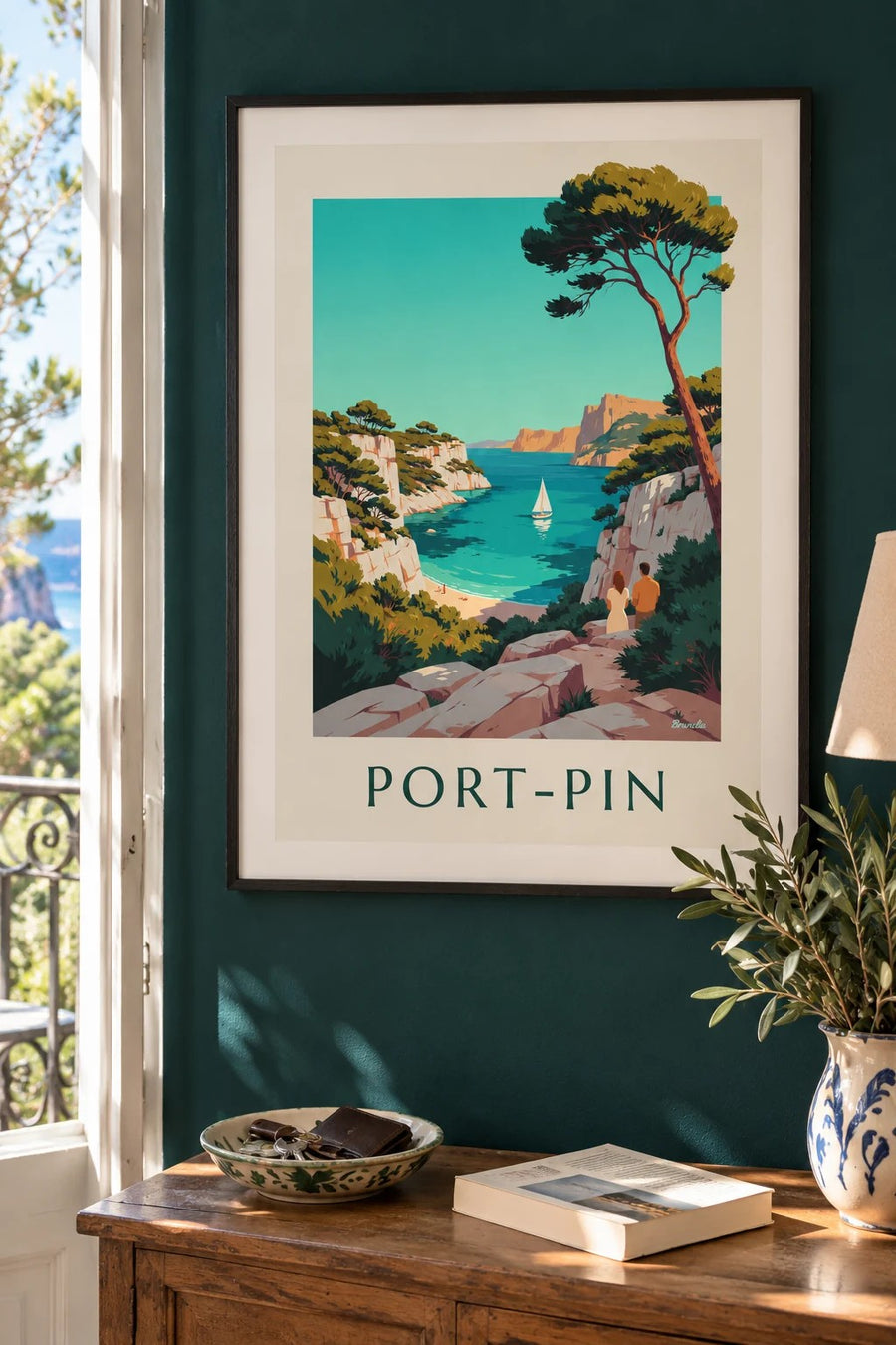 Plakat af Port-Pin-bugten med sejlbåd : indrammet på væggen