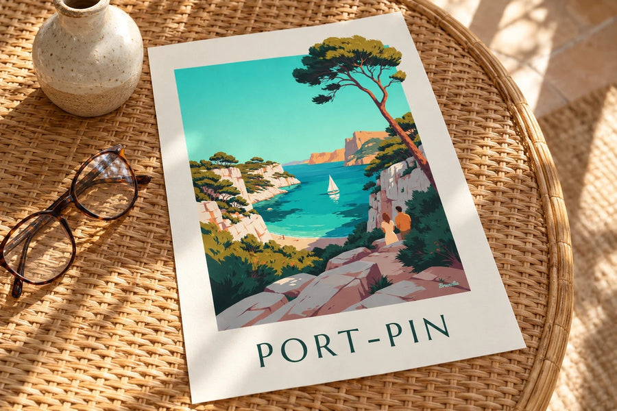 Plakat af Port-Pin-bugten med sejlbåd : stillet på et bord