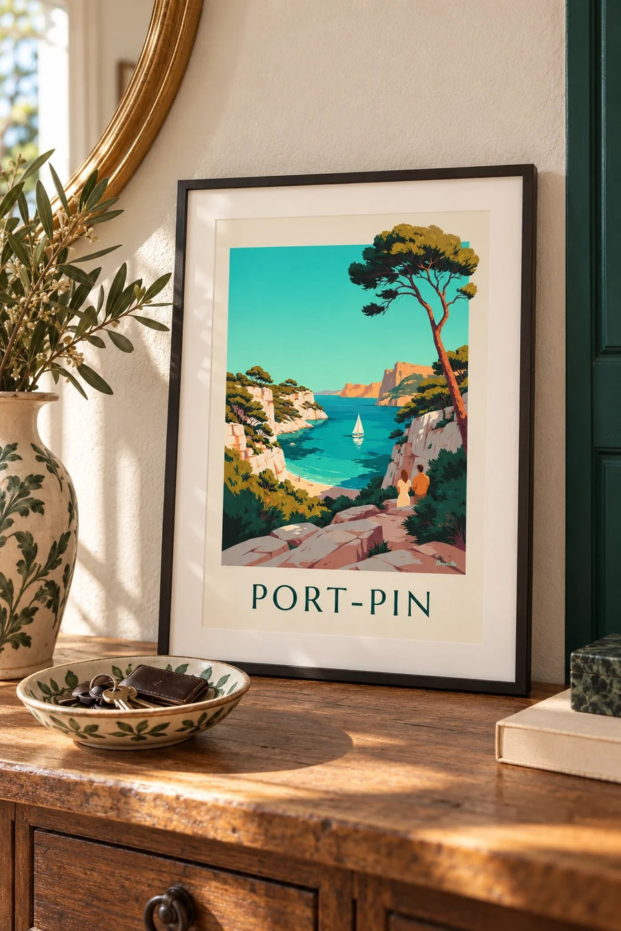 Plakat af Port-Pin-bugten med sejlbåd : lille A4-format i ramme