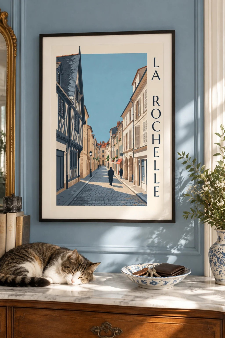 Plakat af bindingsværkshus i La Rochelle : indrammet på væggen