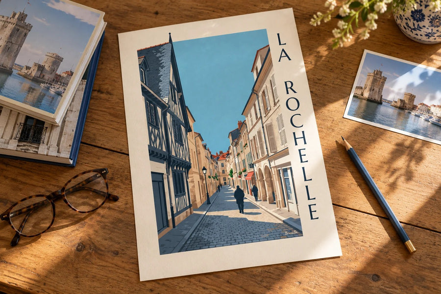 Plakat af bindingsværkshus i La Rochelle : stillet på et bord