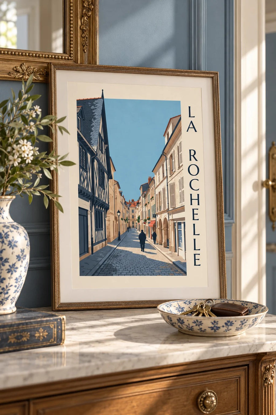 Plakat af bindingsværkshus i La Rochelle : lille A4-format i ramme