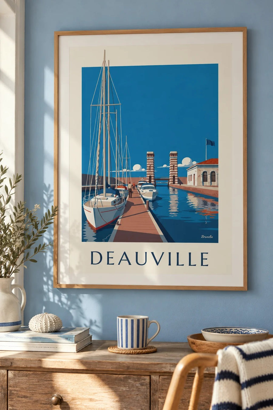 Plakat af Port-Deauville med marina og sejlbåde : indrammet på væggen