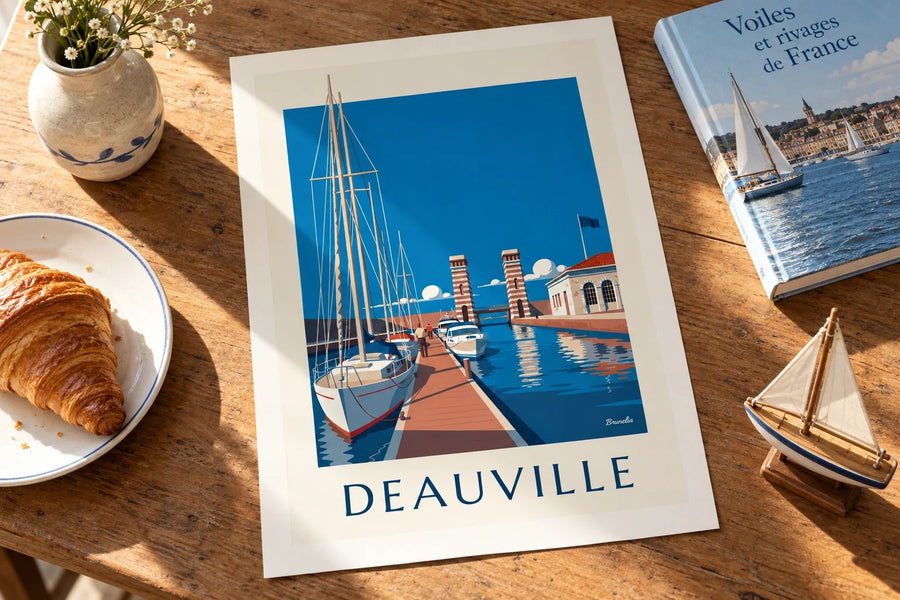 Plakat af Port-Deauville med marina og sejlbåde : stillet på et bord