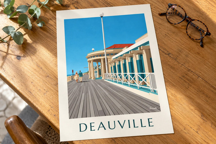 Plakat med Deauvilles Les Planches og Bains Pompéiens : stillet på et bord