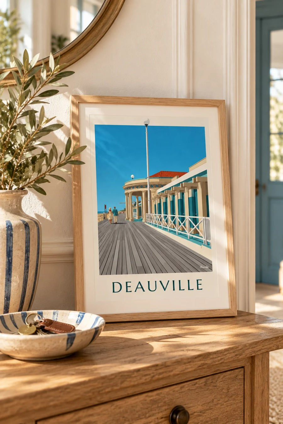Plakat med Deauvilles Les Planches og Bains Pompéiens : lille A4-format i ramme