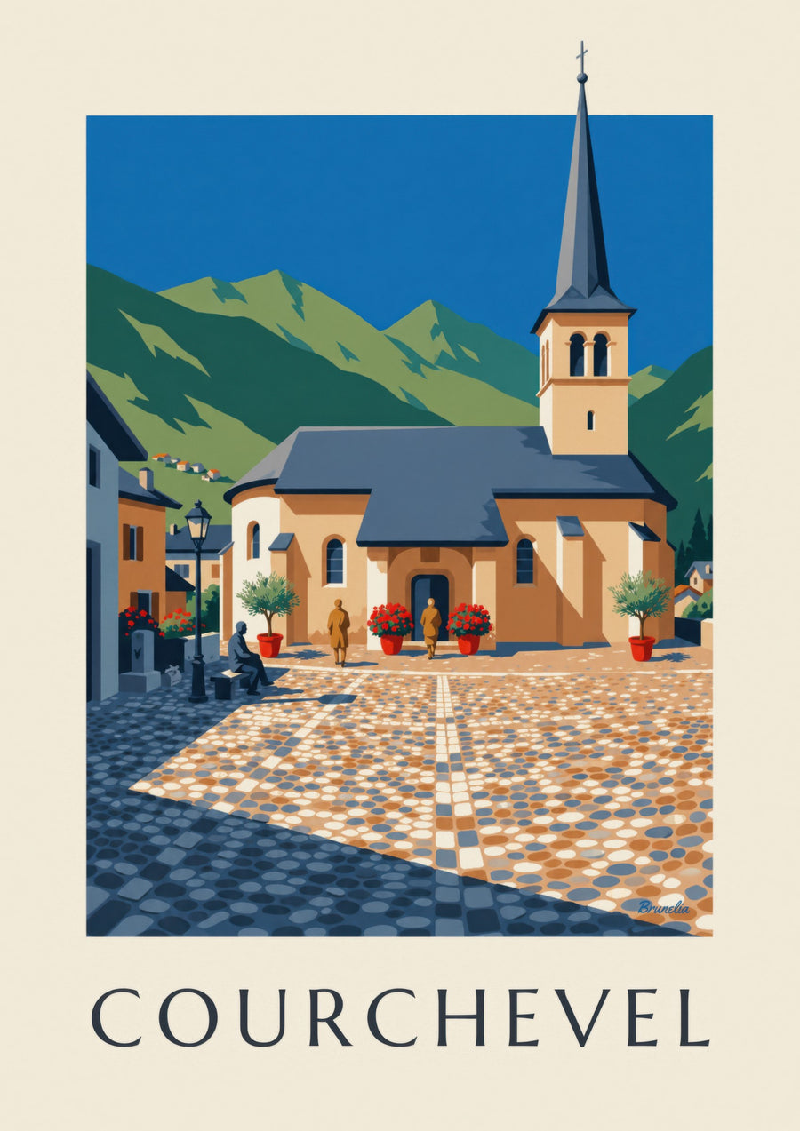 Plakat med kirken i Saint-Bon i Courchevel