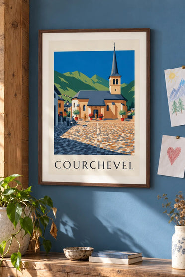 Plakat med kirken i Saint-Bon i Courchevel : indrammet på væggen